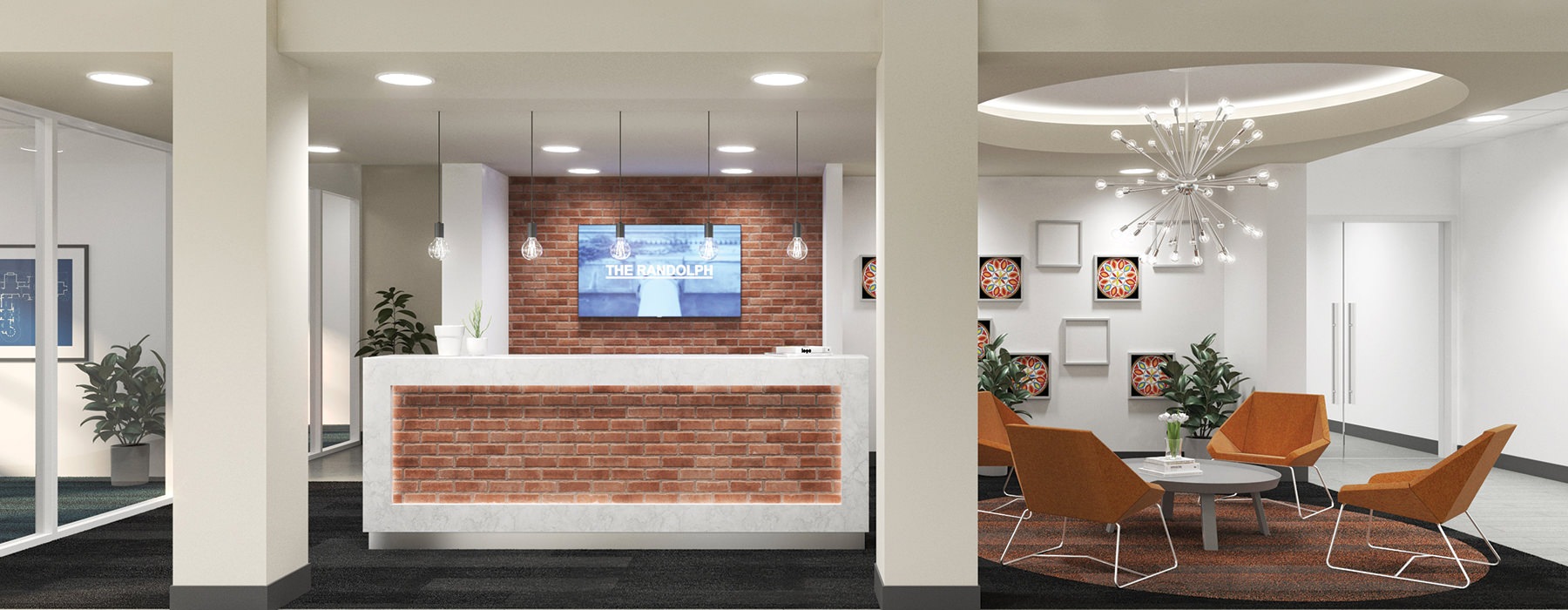 Large lobby space with seating and a front desk